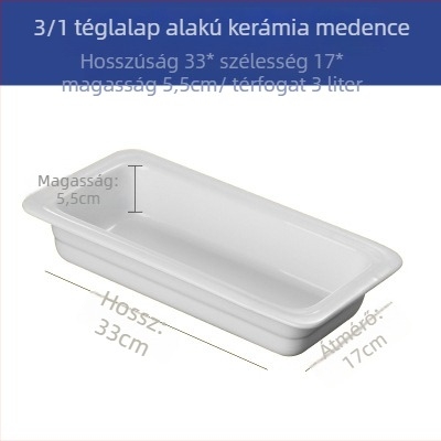 Porcelán büfémelegítő készlet – téglalap alakú adagolóedények és kerek kerámiatányérok hotelszolgálathoz