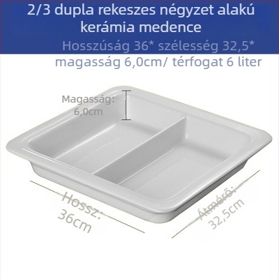 Porcelán büfémelegítő készlet – téglalap alakú adagolóedények és kerek kerámiatányérok hotelszolgálathoz