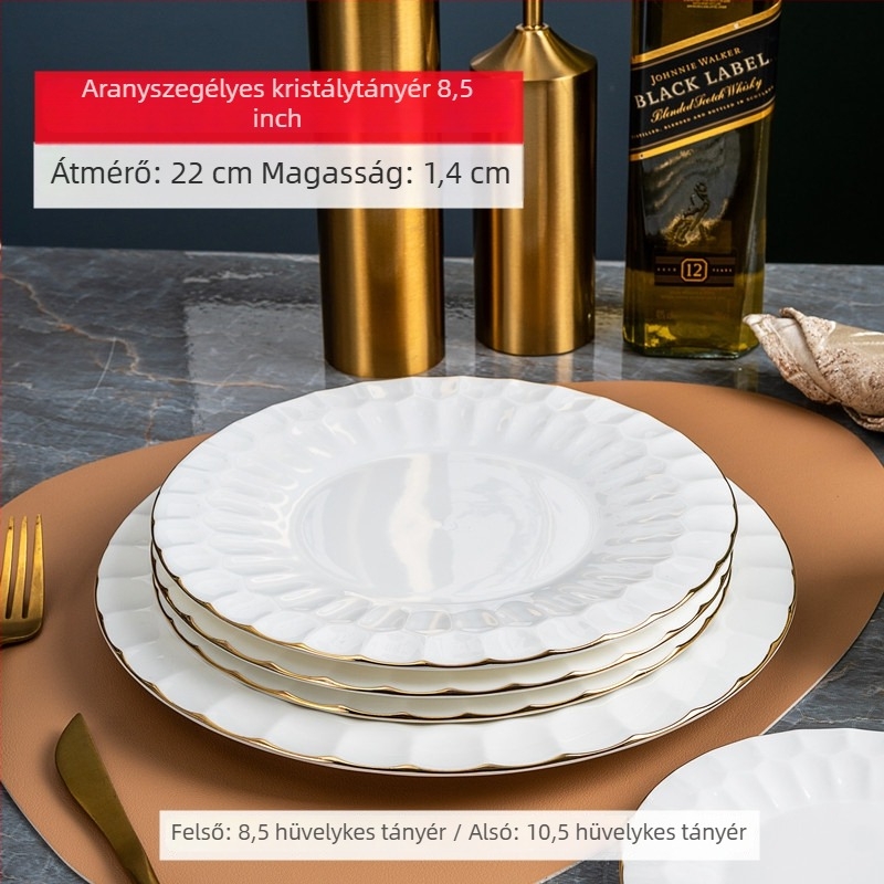 Csontporcelán étkészlet arany szegéllyel, ovális formájú tányérok, felülete spray-vel permetezett, otthoni használatra, ajándékhoz