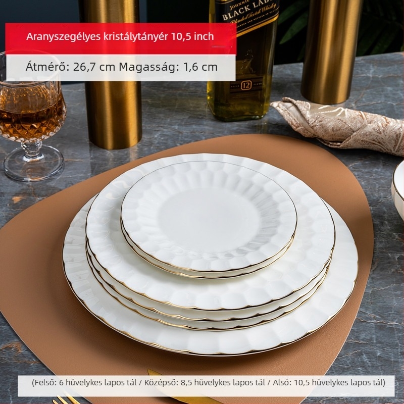 Csontporcelán étkészlet arany szegéllyel, ovális formájú tányérok, felülete spray-vel permetezett, otthoni használatra, ajándékhoz