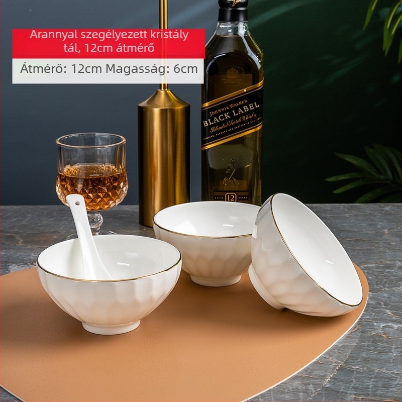 Csontporcelán étkészlet arany szegéllyel, ovális formájú tányérok, felülete spray-vel permetezett, otthoni használatra, ajándékhoz