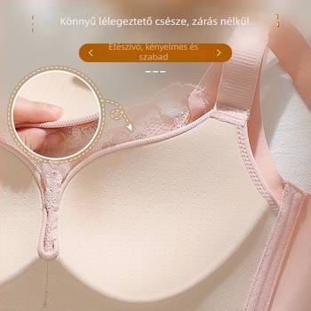 Csipkés, kímélet nélküli melltartó összegző hatással, légáteresztő és felső támasztó; fixált kettős vállpántok; hátul négy sor záródás; kosár 3/4; formázott kosár: felső vékony, alsó vastag; fő anyag: csipke és nylon