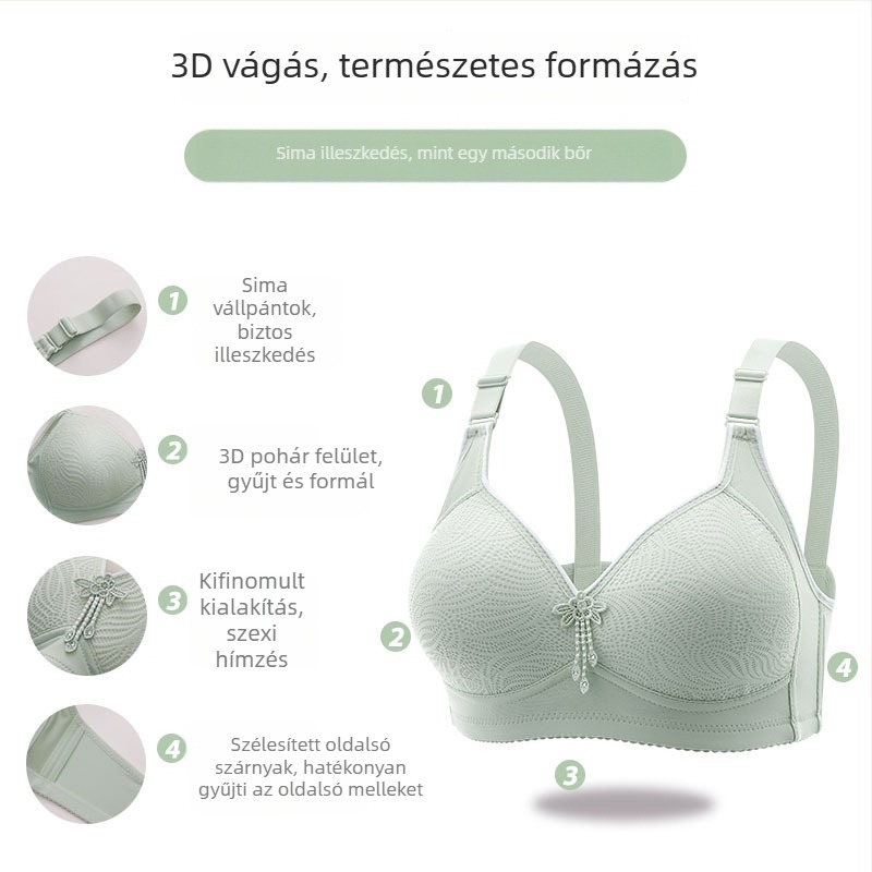 Pluszméretű vezeték nélküli melltartó, 3/4 kosár, vékony mold-kosár, oldalsó emelés, push-up, csipkés pántok, hátul négy csat