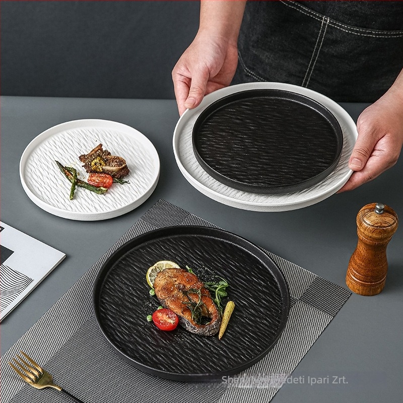 Kerámiából készült steak tál, kerek tál, mikrohullámú sütőben használható, testreszabás elérhető