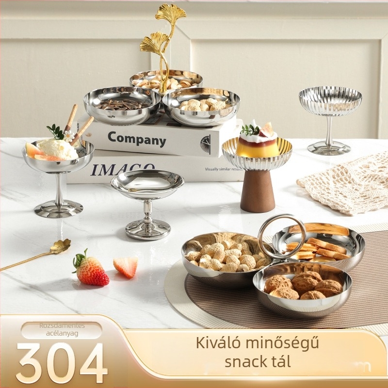 Inox acél desszert pohár szállodai asztalhoz, tükröződéses felület, könnyű luxus stílus