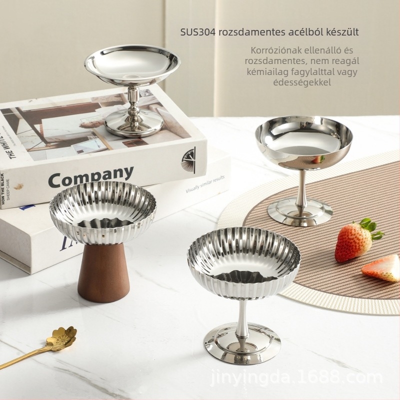 Inox acél desszert pohár szállodai asztalhoz, tükröződéses felület, könnyű luxus stílus