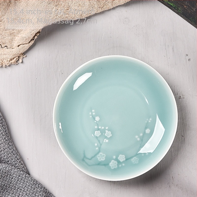 Celadon porcelán vacsora tál virágmintával, kör formájú, mikróban használható