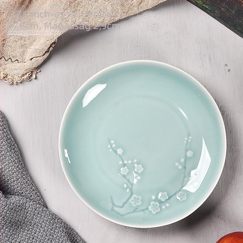 Celadon porcelán vacsora tál virágmintával, kör formájú, mikróban használható