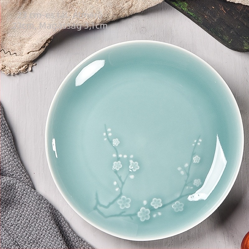 Celadon porcelán vacsora tál virágmintával, kör formájú, mikróban használható