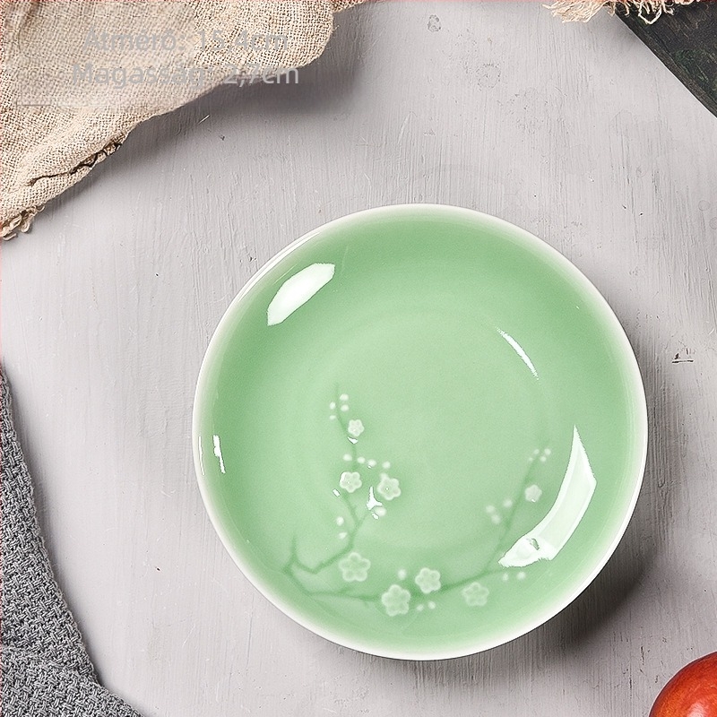 Celadon porcelán vacsora tál virágmintával, kör formájú, mikróban használható