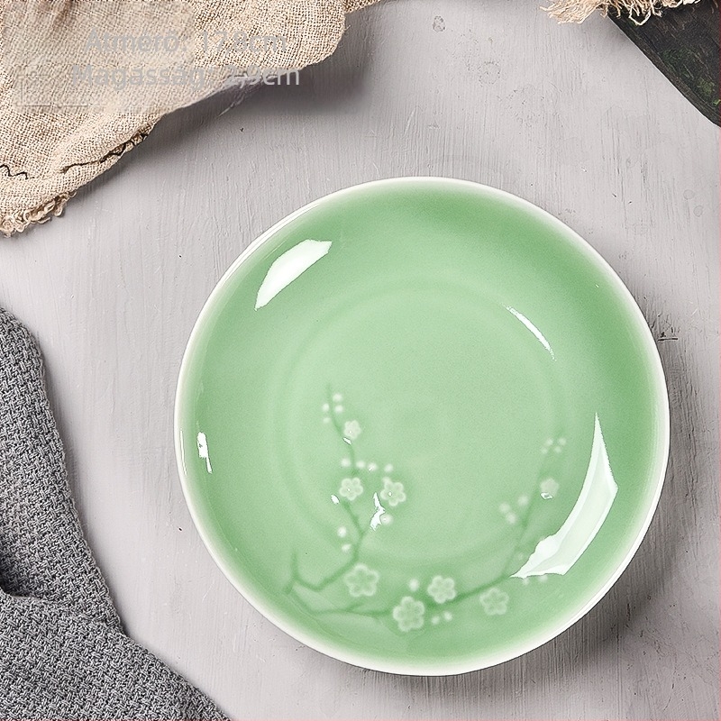 Celadon porcelán vacsora tál virágmintával, kör formájú, mikróban használható