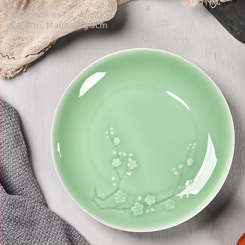 Celadon porcelán vacsora tál virágmintával, kör formájú, mikróban használható