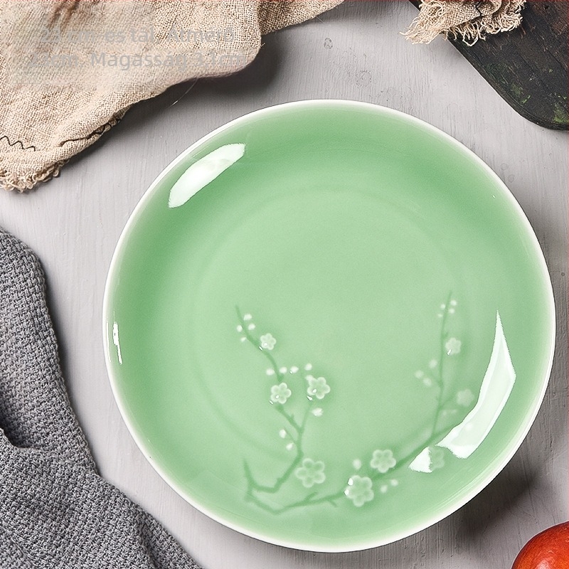 Celadon porcelán vacsora tál virágmintával, kör formájú, mikróban használható
