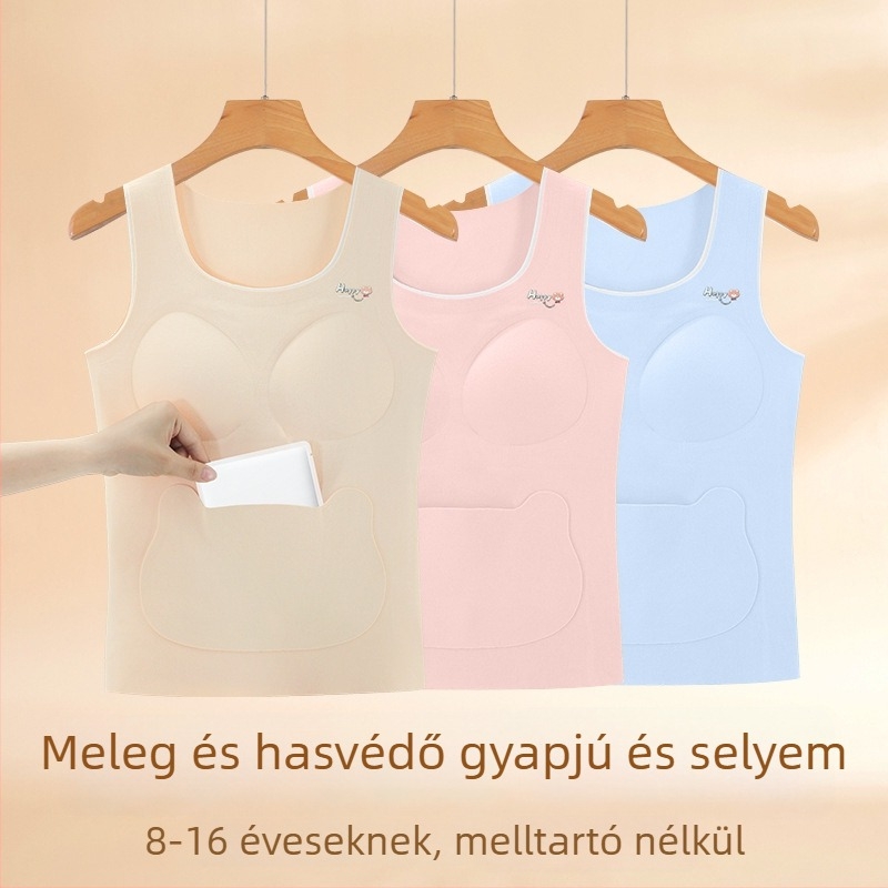 Lányok téli termális felső varrás nélküli hasvédővel; 91% poliészter, 4,5% elasztán, 2,5% viszkóz, 1% gyapjú, 1% selyem; 8 éves kortól gyermekek és tinédzserek számára (140 cm felett)