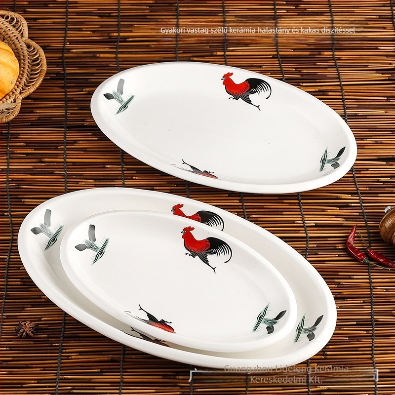 Rooster Series ovális kerámia halas tál – szabálytalan forma, virágos mintázat, mikrohullámú sütőbe tehető, szállodai és éttermi étkészlet, Yahipai