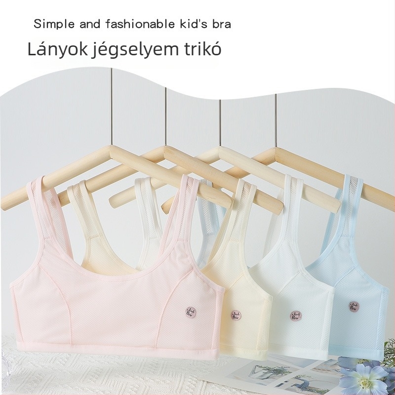 Lányoknak szóló vest-stílusú melltartó, légáteresztő hálós anyag, vékony formázott kosár, pamut bélés 80–90%, 9–13 éveseknek