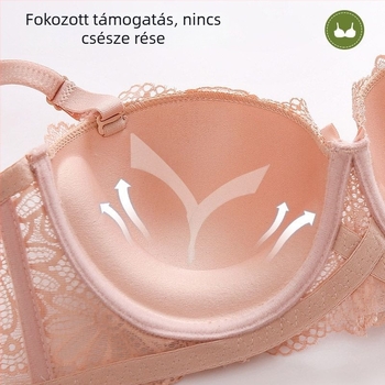Csipkés félkosaras melltartó, levehető dupla vállpántokkal, pohárforma: felső vékony, alsó vastag, hátul három sor zárás, lélegző, oldalsó támasz, poliészter 80–90%