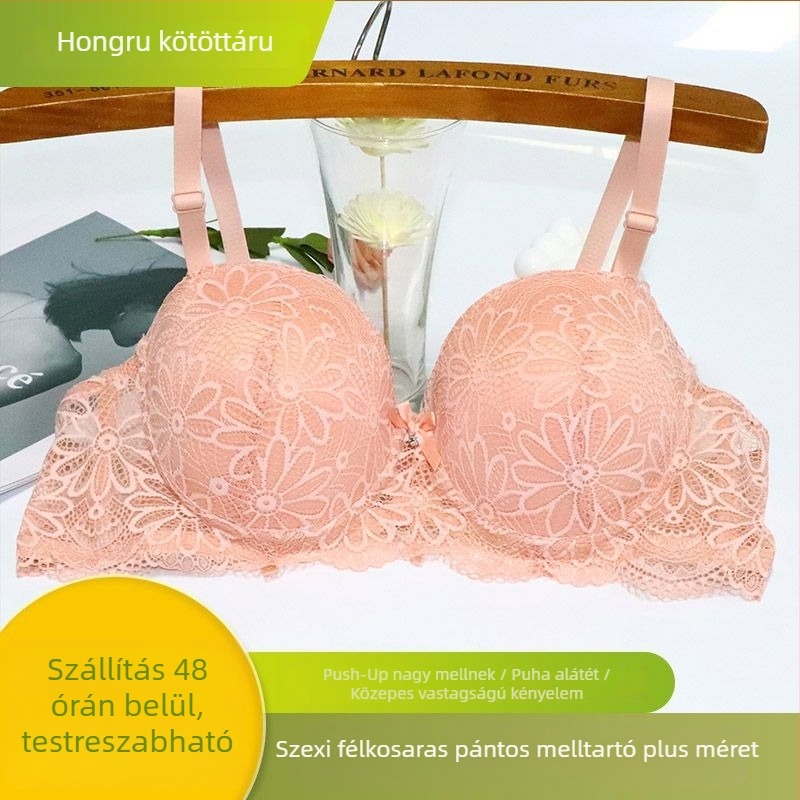 Csipkés félkosaras melltartó, levehető dupla vállpántokkal, pohárforma: felső vékony, alsó vastag, hátul három sor zárás, lélegző, oldalsó támasz, poliészter 80–90%