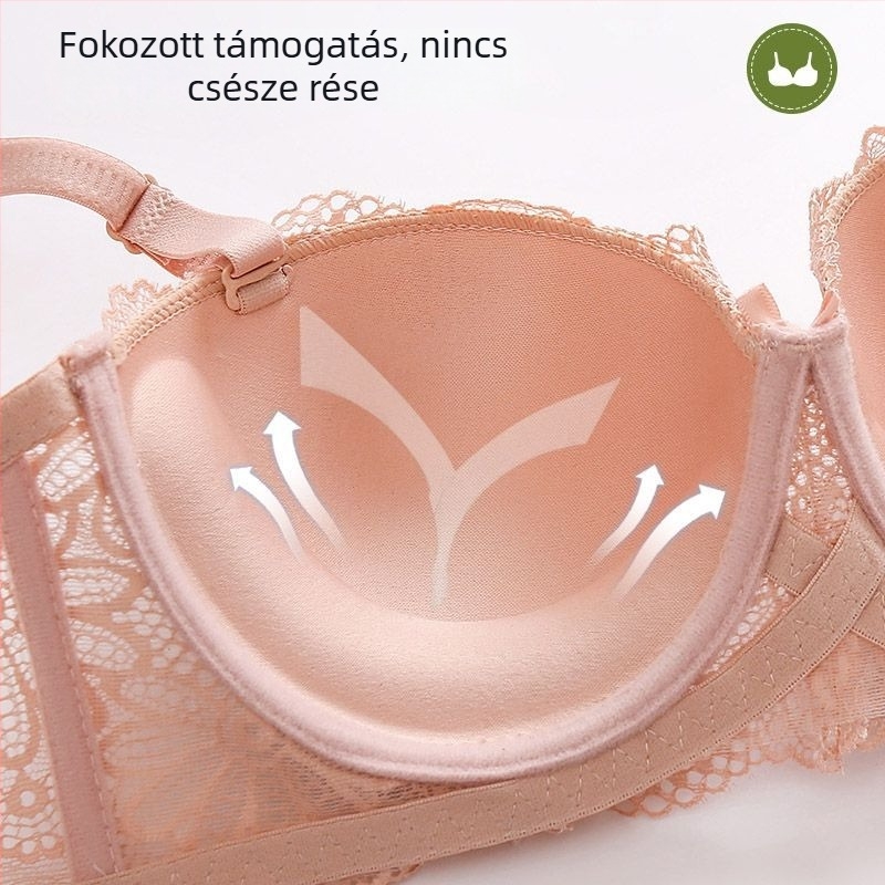 Csipkés félkosaras melltartó, levehető dupla vállpántokkal, pohárforma: felső vékony, alsó vastag, hátul három sor zárás, lélegző, oldalsó támasz, poliészter 80–90%