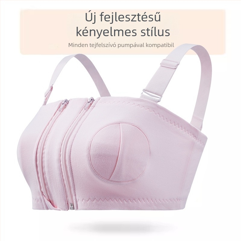Pamutszoptatós melltartó elülső zárással és egy- vagy kétszárnyú cipzárral, postpartum, levehető dupla vállpántok