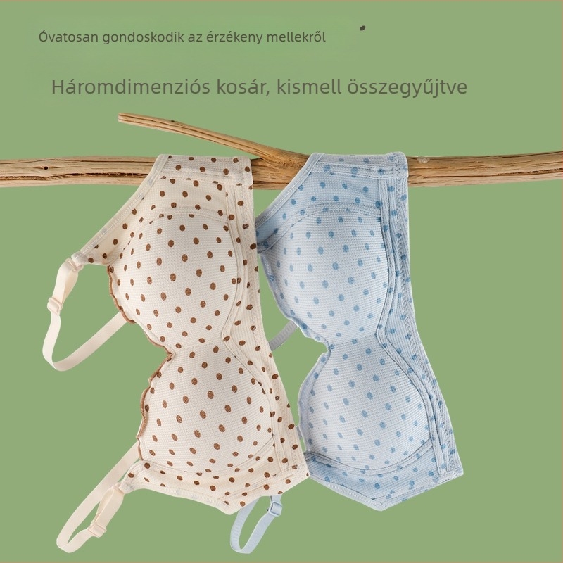 Pamut kosárú melltartó acélgyűrűk nélkül, levehető dupla vállpántokkal, hátsó három sor kapoccsal; bélés 90–95% pamut
