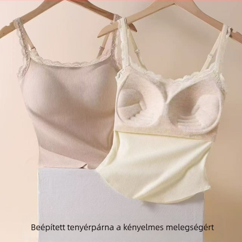 Nylon csipkés hátsó toppal meleg fleece béléssel és beépített 3/4-es kosárkákkal, rögzített vállpántok, egyszerű mindennapi stílus