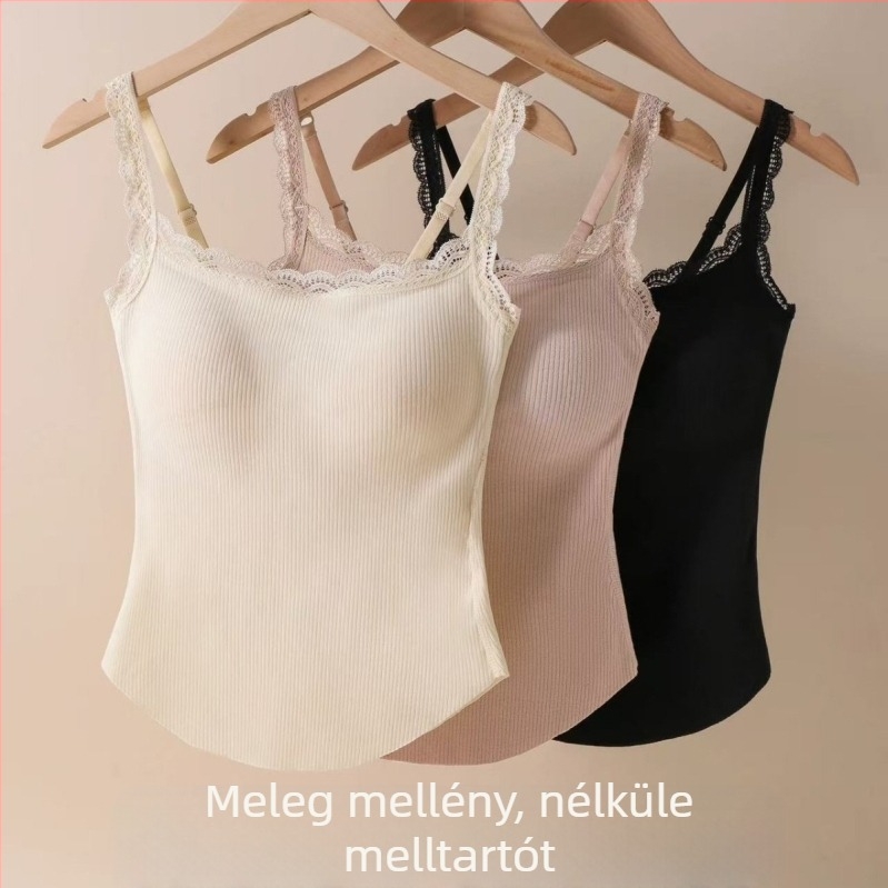 Nylon csipkés hátsó toppal meleg fleece béléssel és beépített 3/4-es kosárkákkal, rögzített vállpántok, egyszerű mindennapi stílus