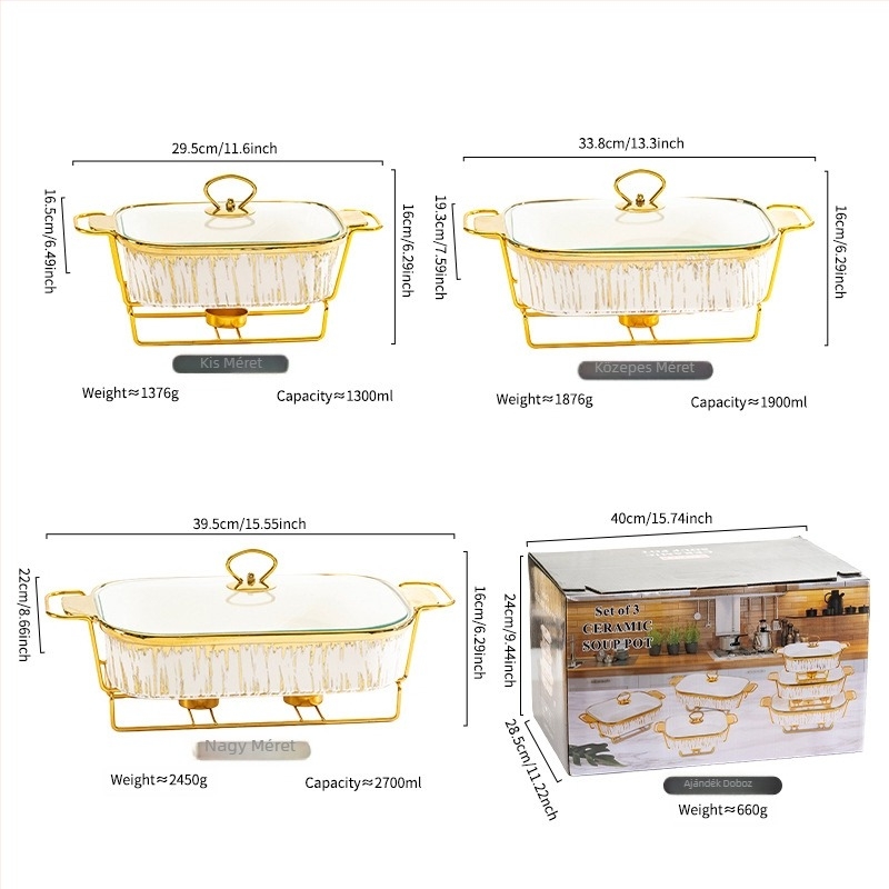 Beauty Collection porcelán téglalap alakú sütőedény kettős fogantyúval, arany szegéllyel és elektroplattolt felülettel