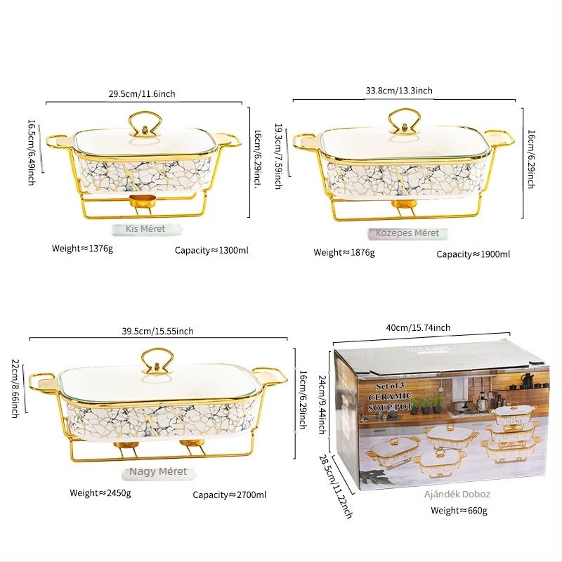 Beauty Collection porcelán téglalap alakú sütőedény kettős fogantyúval, arany szegéllyel és elektroplattolt felülettel