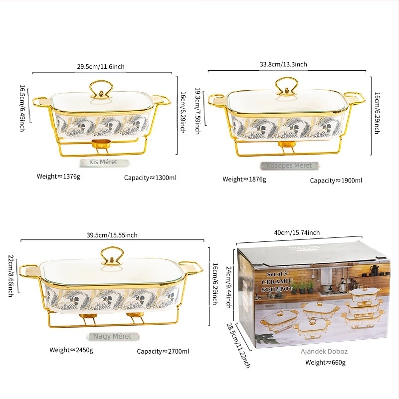 Beauty Collection porcelán téglalap alakú sütőedény kettős fogantyúval, arany szegéllyel és elektroplattolt felülettel