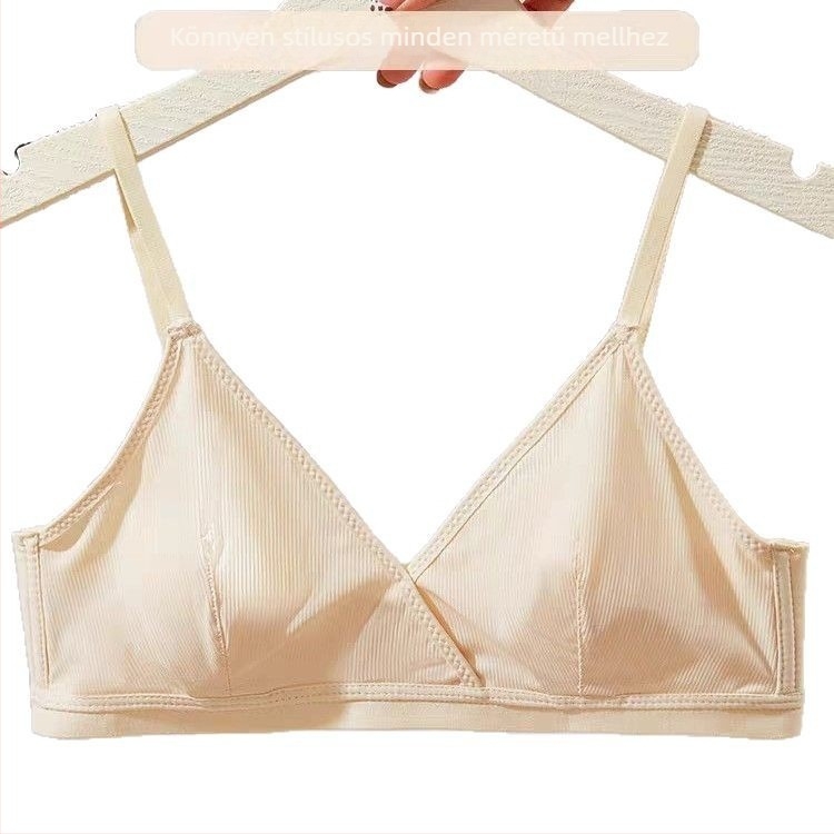 Női ultra vékony drót nélküli melltartó háromszög kosárral, nylon anyagból, pamut bélés, ultra vékony formázott kosár, hátoldali három sor zárás, fix és dupla vállpántok, lélegző és kényelmes