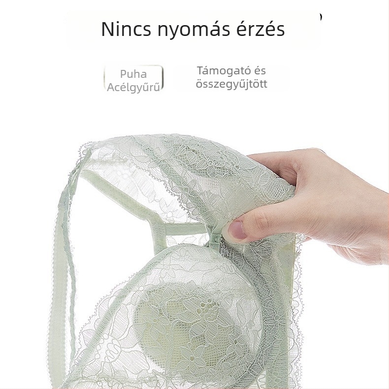 Csipkeremelltartó 3/4-es kosárral, lélegző nylon-spandesz béléssel (30–50%), moldmentes kosár, rögzített kettős vállpántok, hátul három sor kapocs, kényelmes és támogató