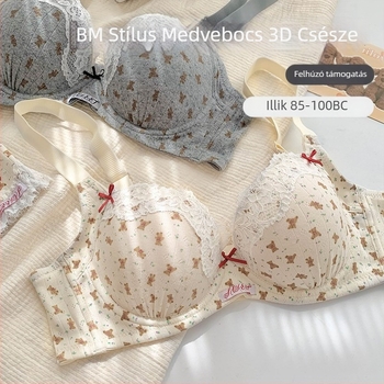 Nylon melltartó francia virágos csipkés mintával; formázott kosár, felső rész vékony, alsó rész vastag; fix vállpántok; hátul négy sor kapocs; bélés 30–50% spandex.