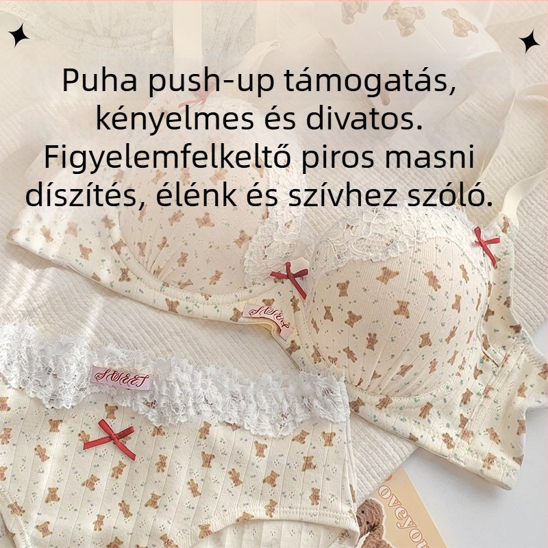 Nylon melltartó francia virágos csipkés mintával; formázott kosár, felső rész vékony, alsó rész vastag; fix vállpántok; hátul négy sor kapocs; bélés 30–50% spandex.