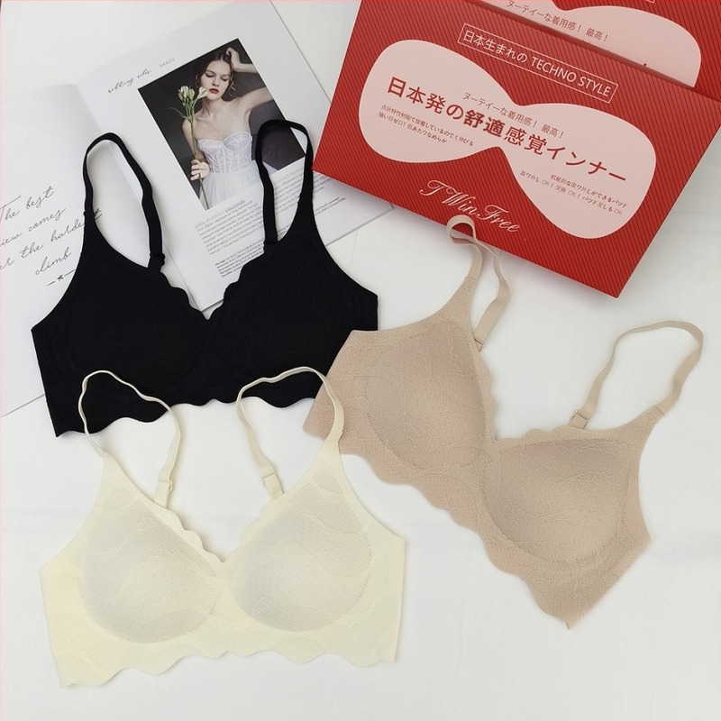 Huajia francia stílusú csipkés, merevítő nélküli melltartó hullámzó élű szegéllyel, vékony, lélegző modal-nylon anyagból, ajándékdobozban