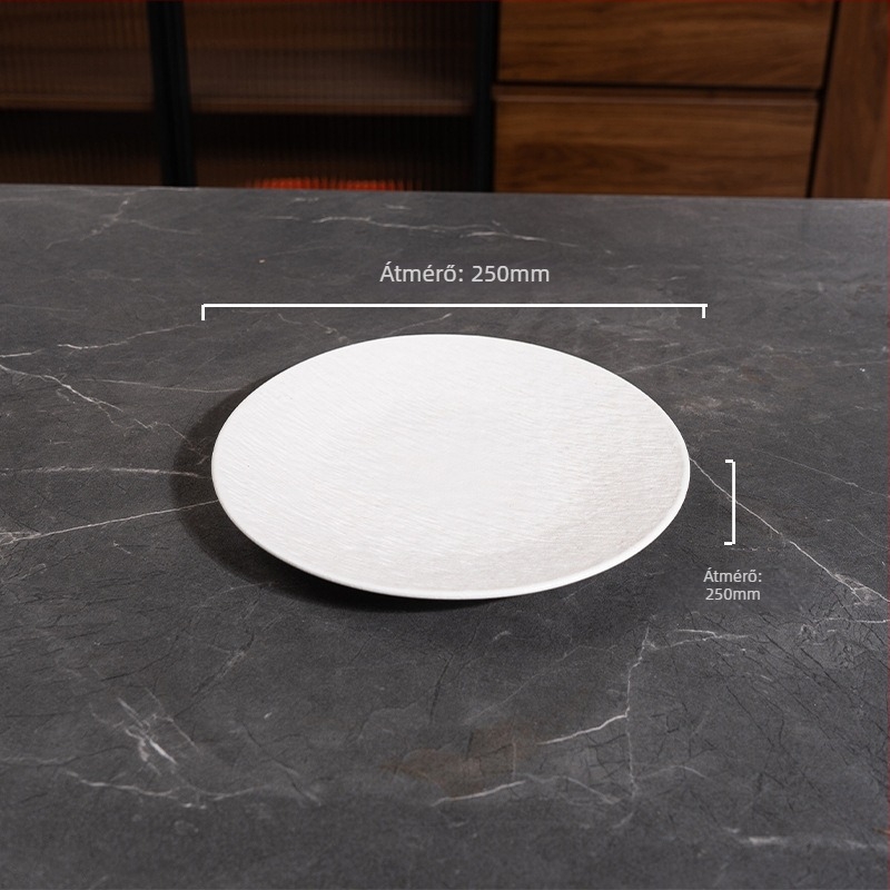 Porcelán lapos tányér – kerek alak, mikrohullámú sütőben használható, logónyomtatás elérhető, modern minimalista stílus