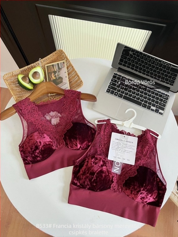 Kristályos velúr csipkével készült bralette, fix kosárral, francia stílusú hátsó részzel, koreai hatású hátsó rész, V-nyakú wrap-top nőknek