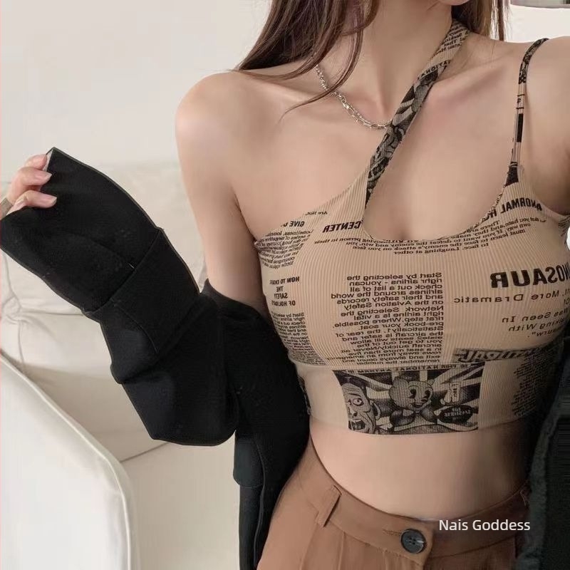 Ice Silk női top diagonális vállpántokkal, újságos mintával, nyitott hátrész, ujjatlan