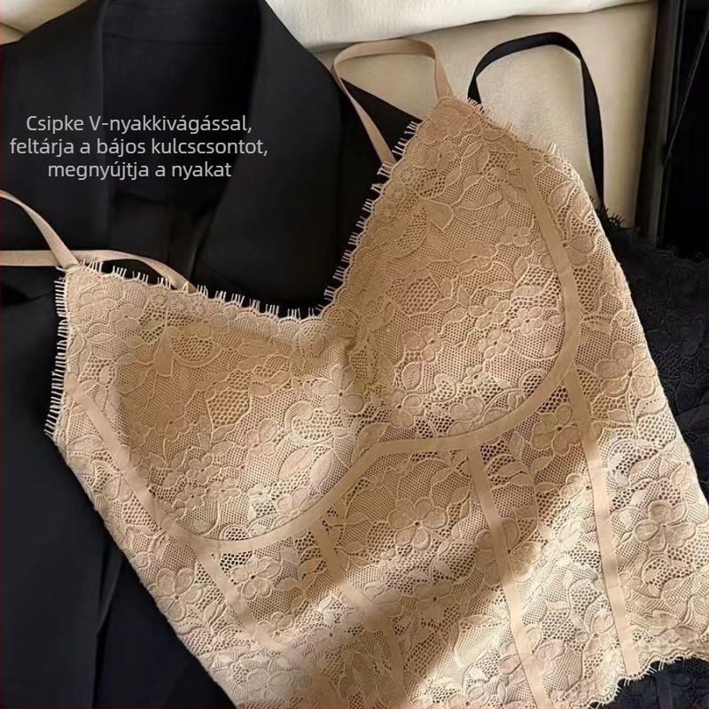 Francia stílusú csipkés cami, szép hátsó részű, női alsónemű melltartóbetétekkel, könnyű nyári top, hordható önállóan vagy alaprétegként