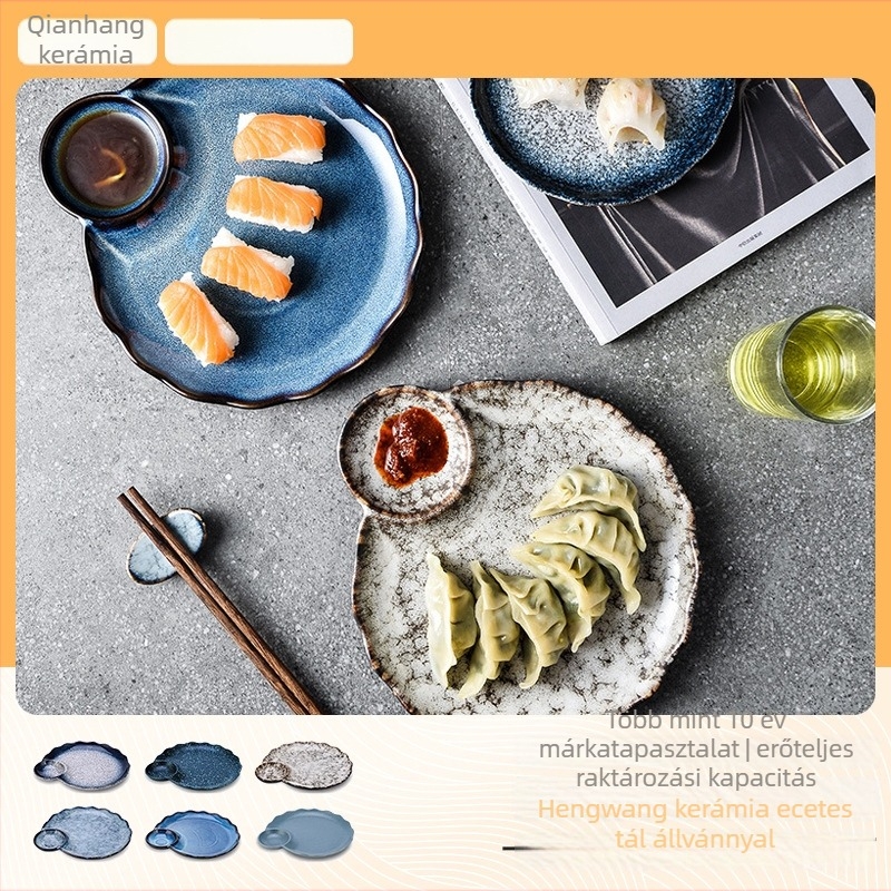 Light Luxury Retro Porcelán gyoza tál ecetes tálkával, szelet alakú, mikrohullámú sütőben használható, logó nyomtatva, testreszabás lehetséges