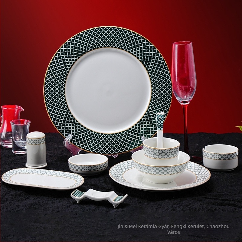 Szállodai asztali szett porcelánból, geometriai, magas minőségű dizájn, overglaze szín, testreszabható