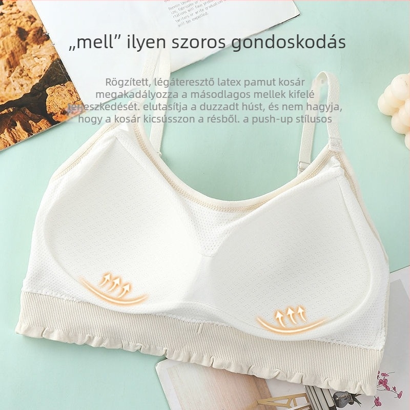 Nylonból készült, merevítő nélküli melltartó formázóval és hátsó támogatással, lélegző, nedvszívó anyag, állítható vállpántok, vest-stílusú