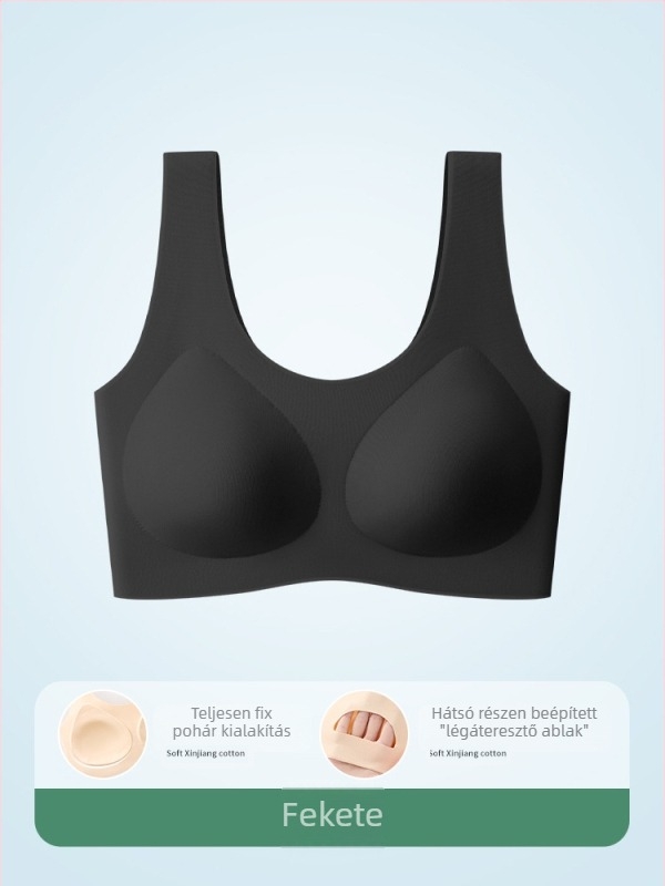 Sportmelltartó varrás nélküli, nyitott hátsó résszel, légáteresztő; fő anyag: nylon; poharak vékony formázott pamut betéttel; bélés: nylon; rögzített dupla vállpántok; sportos, könnyed stílus