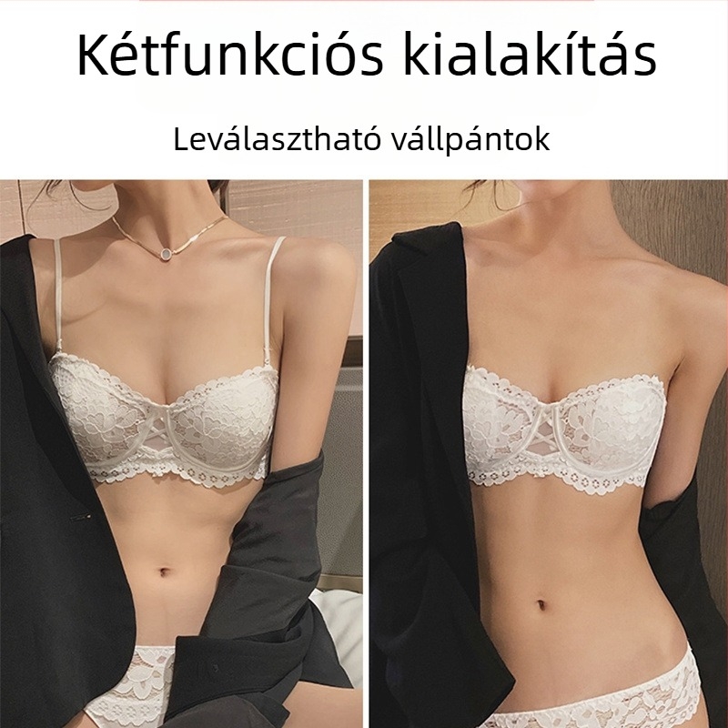 Csipkés strapless demi-kupás melltartó, 3/4 kosár, levehető dupla vállpántok, acél gyűrű, összegyűjtő funkció