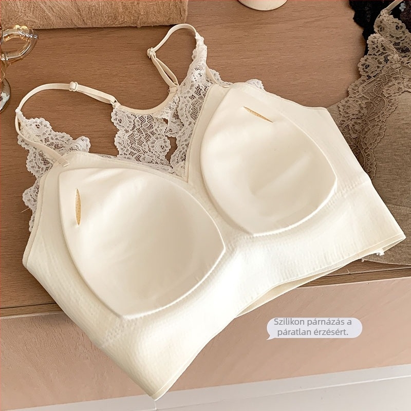 Csipkés halter melltartó, hát nélküli dizájn, 3/4 kosár, vékony formázott kosár, rögzített vállpántok