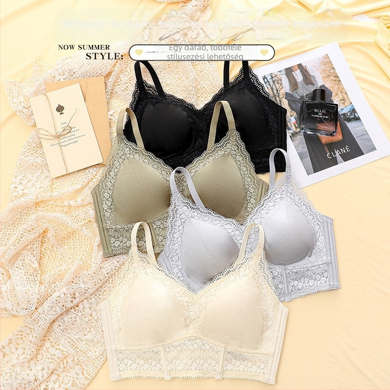 Francia satin csipkés melltartó drót nélküli, lélegző, varrás nélküli, push-up, 3/4 kosár, oldal formázó
