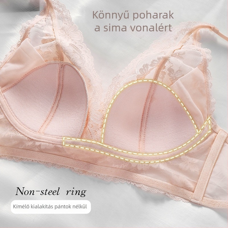 Csipkés francia stílusú női fehérnemű, vezeték nélküli, háromszög kosárú melltartó, vékony felső rész és vastag alsó rész, leválasztható halter pántok, csipkés szegéllyel