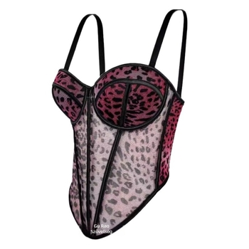 Leopárd mintás csipkés merevített bustier hálóréteggel, ultra rövid hossz, egypántos, poliészter 50–70% + elasztán 50–70%