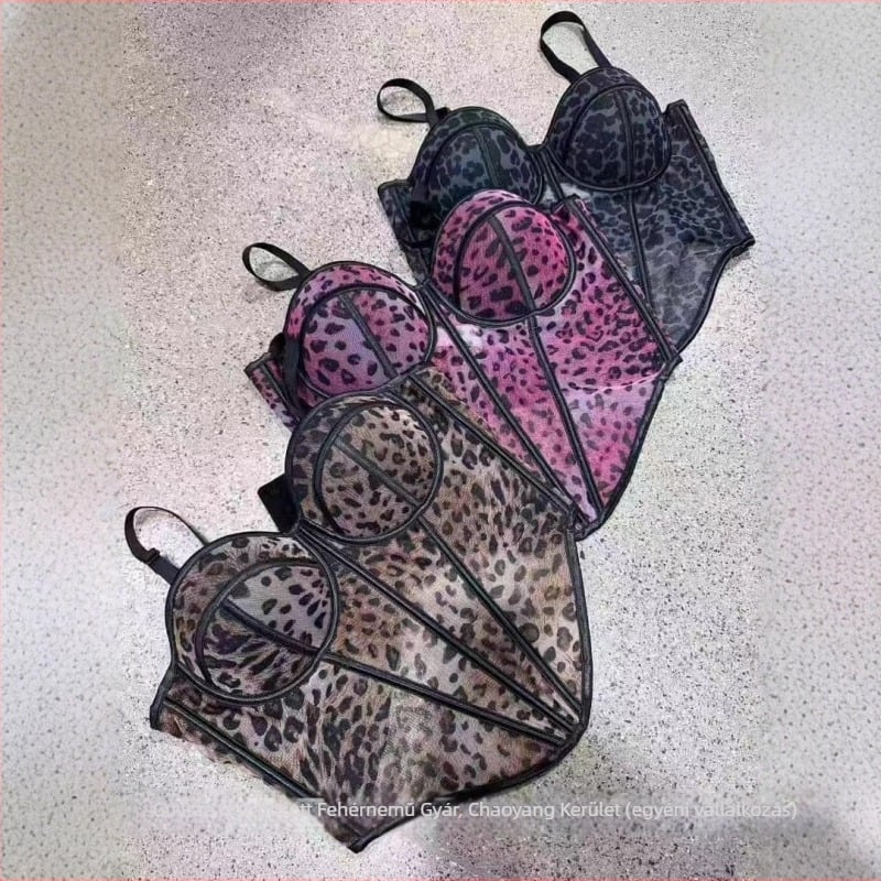 Leopárd mintás csipkés merevített bustier hálóréteggel, ultra rövid hossz, egypántos, poliészter 50–70% + elasztán 50–70%