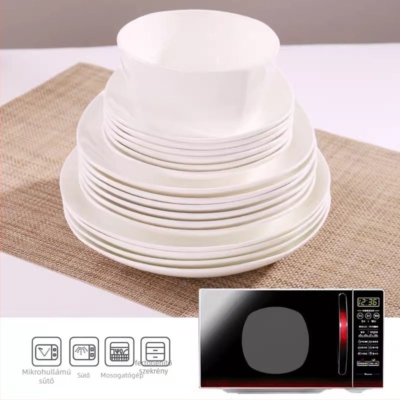 Yue Han csontporcelán tányérkészlet, négyszögletes, alulglazúros felület, egyszínű mintázat, mikrohullámú sütőben használható